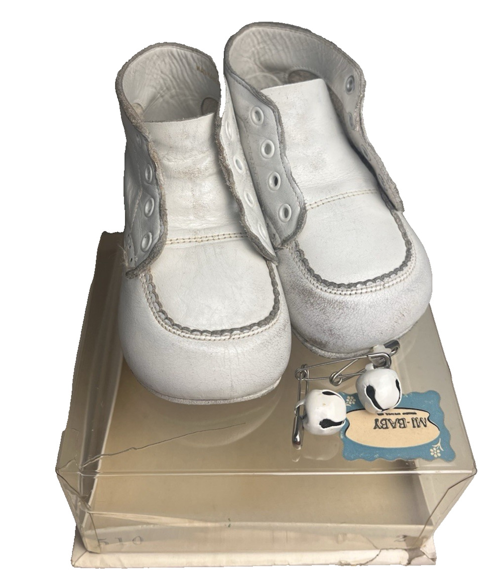 Vintage 1950's Baby Deer Trainer Shoes White Leather Original Box & Pin Bells